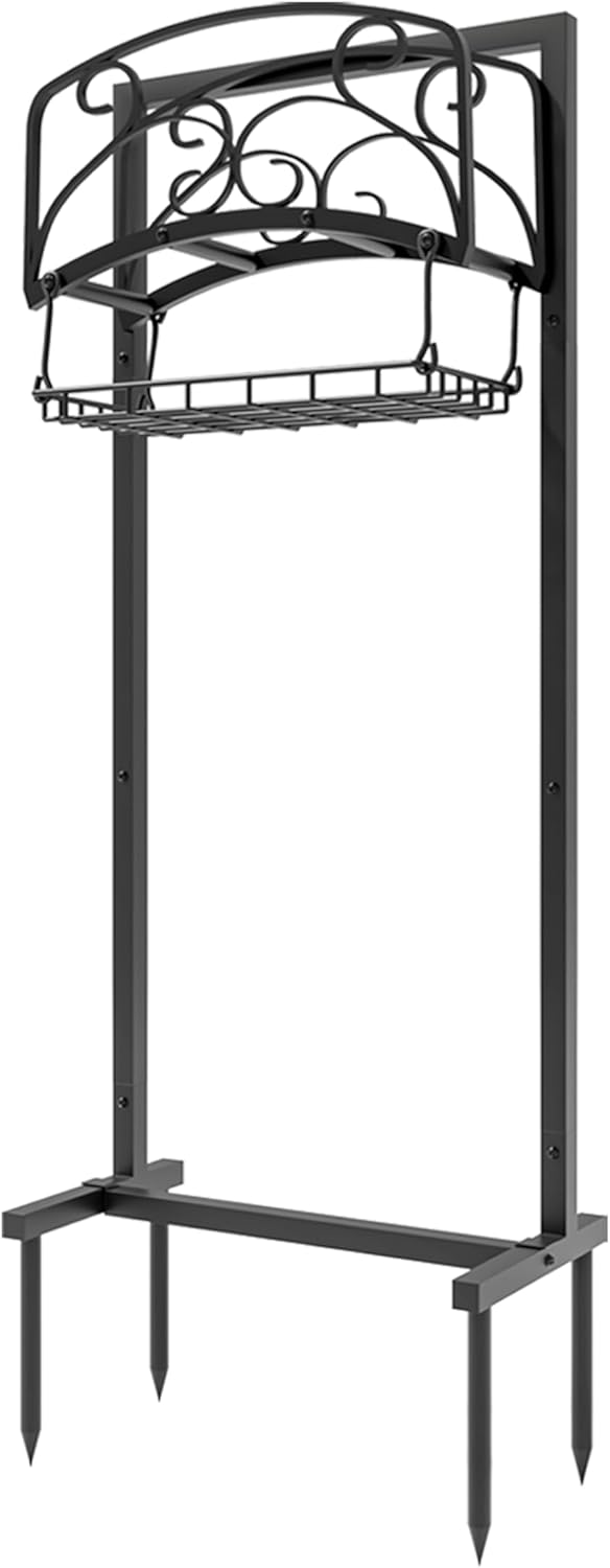 Portable Garden Hose Holder with Storage Basket - Heavy-Duty Freestanding Steel Stand, Holds 150FT Hose, Black Powder-Coated Finish, Detachable & Space-Saving Design with Tools