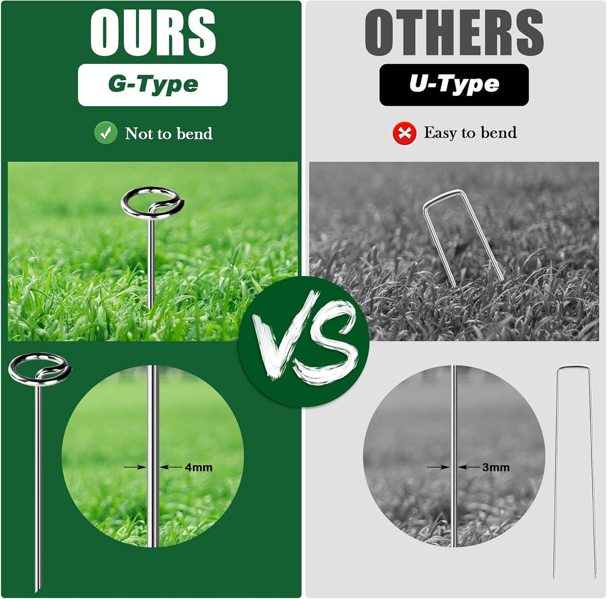 Heavy Duty Landscape Fabric Pins 8 Gauge 60 Pack with Pick Hook, 6 Inch Galvanized Round Head Garden Stakes for Weed Barrier Fabric, Turf, Sod, Tent, Garden Edging & Hard Soil