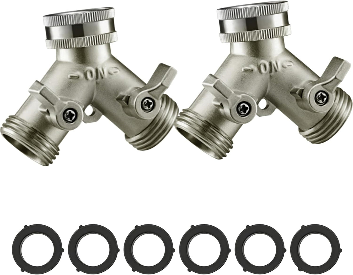 Garden Hose Splitter, Nickel Plated Solid Brass 2 Way Tap, Heavy Duty Y Way Hose Splitter, 3/4" Hose Tap Connector, 100% Metal Outdoor Garden Hose Splitter, Hose Spigot Adapter with 2 Valves