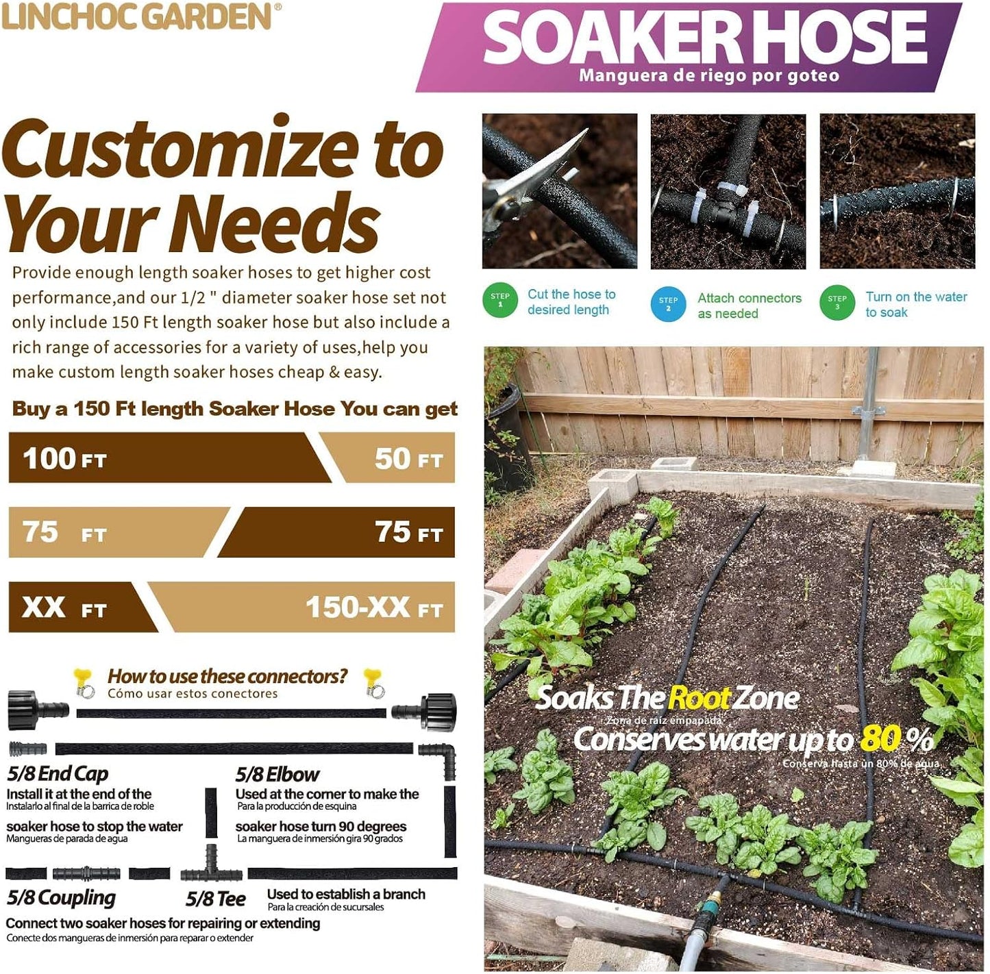 LICNCHOC GARDEN Soaker Hose 10ft,1/2 INCH Flexible Durable Garden Hose for Efficient Watering, Leak-Proof Design 100% Recycled Rubber,Ideal for Lawns,Gardens & Flower Beds