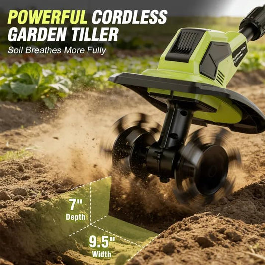 Cordless Tiller Cultivator, 21V Lightweight Tiller forGardening with 2 * Batteries, Brushless Electric Tiller with48 Steel Tines, 400RPM, 9.5" Tilling Width, 7" Depth forGardening, Soil Turning