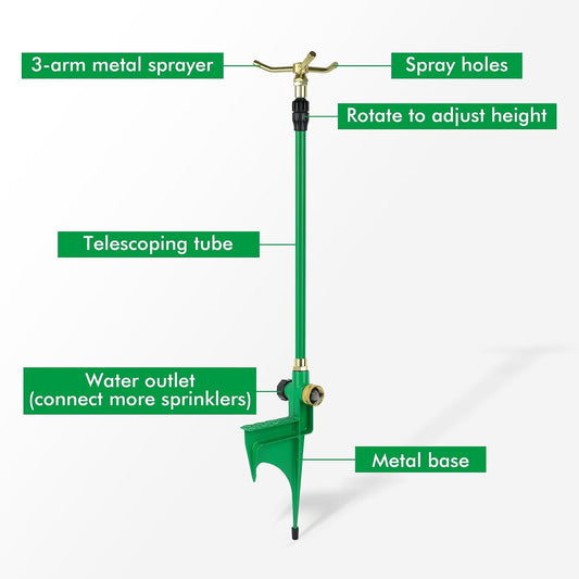 3-Arm Sprinklers for Yard with Adjustable Telescoping Base