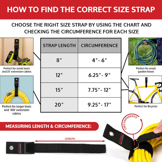 Heavy Duty Hanging Storage Cinch Straps with Metal Buckle (4 Pack, 1.5" x 12") - Electrical Extension Cord & Garden Hose Holder, Cable Management, Storage Organizer in Garage, Workshop