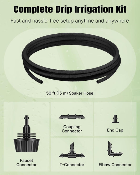 50 ft Soaker Hose, 1/4" Drip Irrigation Tubing, Porous Drip Hose for Garden Drip Line System, Garden Beds, Raised Beds & Vegetable Gardens, Rubber Irrigation Hose with Barbed Connectors
