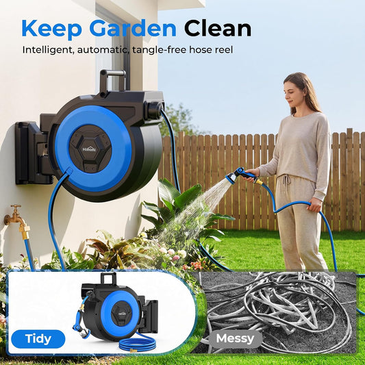 Retractable Garden Hose Reel 125 ft + 6.6 ft, 1/2 in Wall Mounted Heavy Duty Water Hose Reel with 10-Pattern Nozzle, Upgraded Slow Auto Rewind, Any Length Lock, 180° Swivel Mount