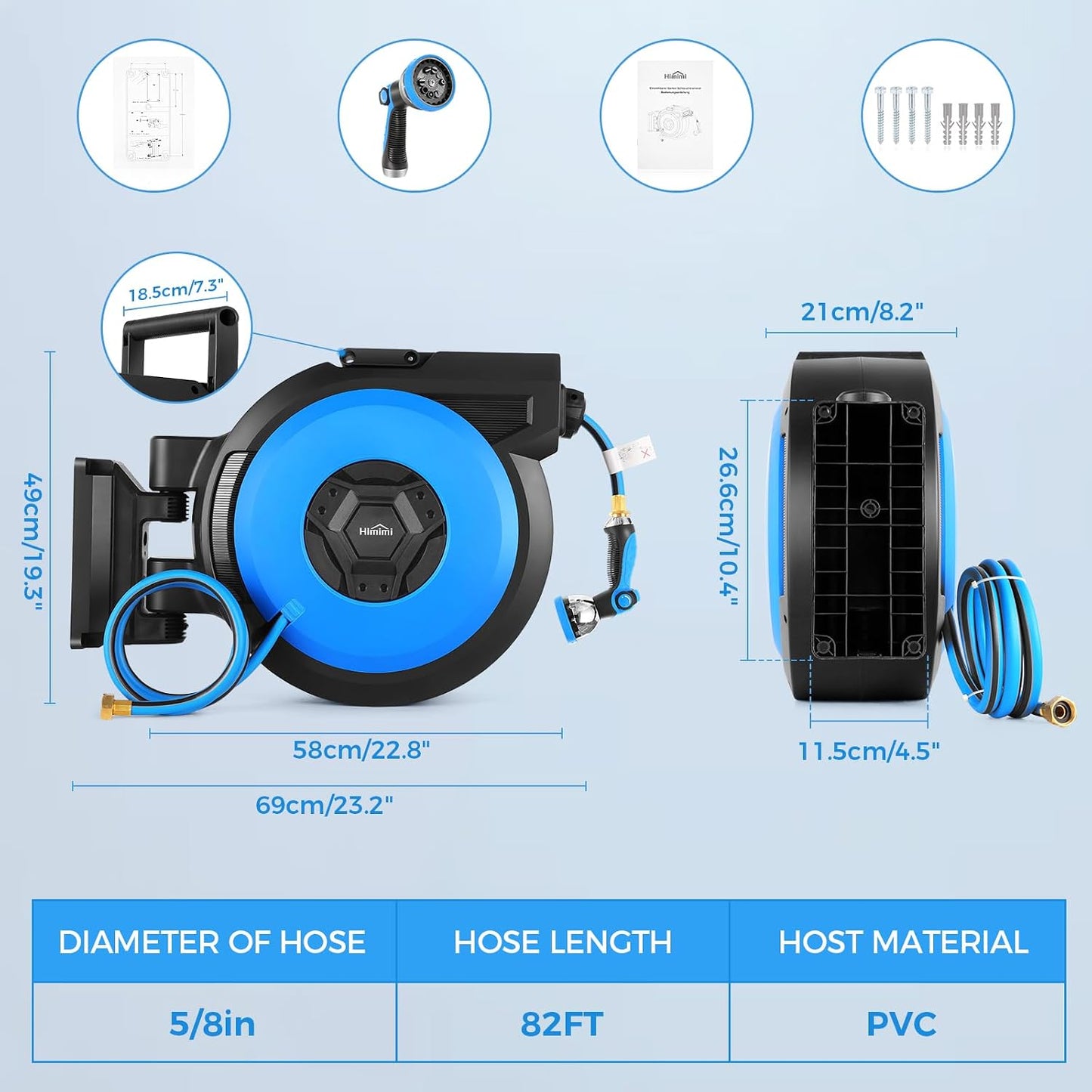 Retractable Garden Hose Reel 125 ft + 6.6 ft, 1/2 in Wall Mounted Heavy Duty Water Hose Reel with 10-Pattern Nozzle, Upgraded Slow Auto Rewind, Any Length Lock, 180° Swivel Mount