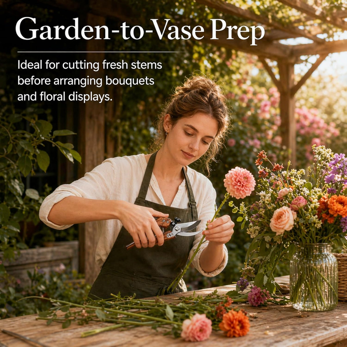 Pruning Shears, 5/8-Inch Cut Capacity Garden Clippers, Spring-Assisted Hand Pruners with Sharp Steel Blade, Ergonomic Wood-Grain Finish Handle for Roses, Shrubs, Stems, Herbs and Garden Harvesting