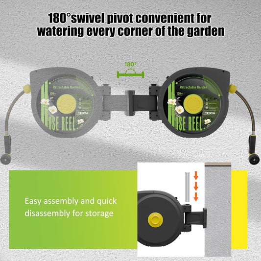 Aokia Retractable Garden Hose Reel, 1/2 in x 100 ft Wall Mounted Heavy Duty Garden Hose Reel with 9 Patterns Nozzle, Any Length Lock, Auto Return System and 180°Swivel Bracket