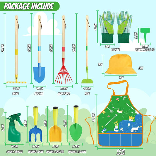 Kids Gardening Tools Set, 22 Pcs Real Metal Wood – Outdoor Toddlers Gifts