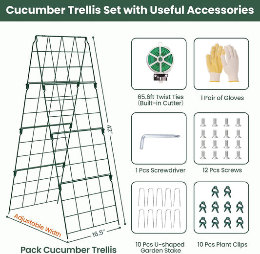 2 Pack Cucumber Trellis, 48"x16" Adjustable A-Frame Trellis for Climbing Plants, Metal Foldable Upgraded Vegetable Trellis for Raised Bed, Support for Tomatoes, Squash, Zucchini, Vegetables & Flowers