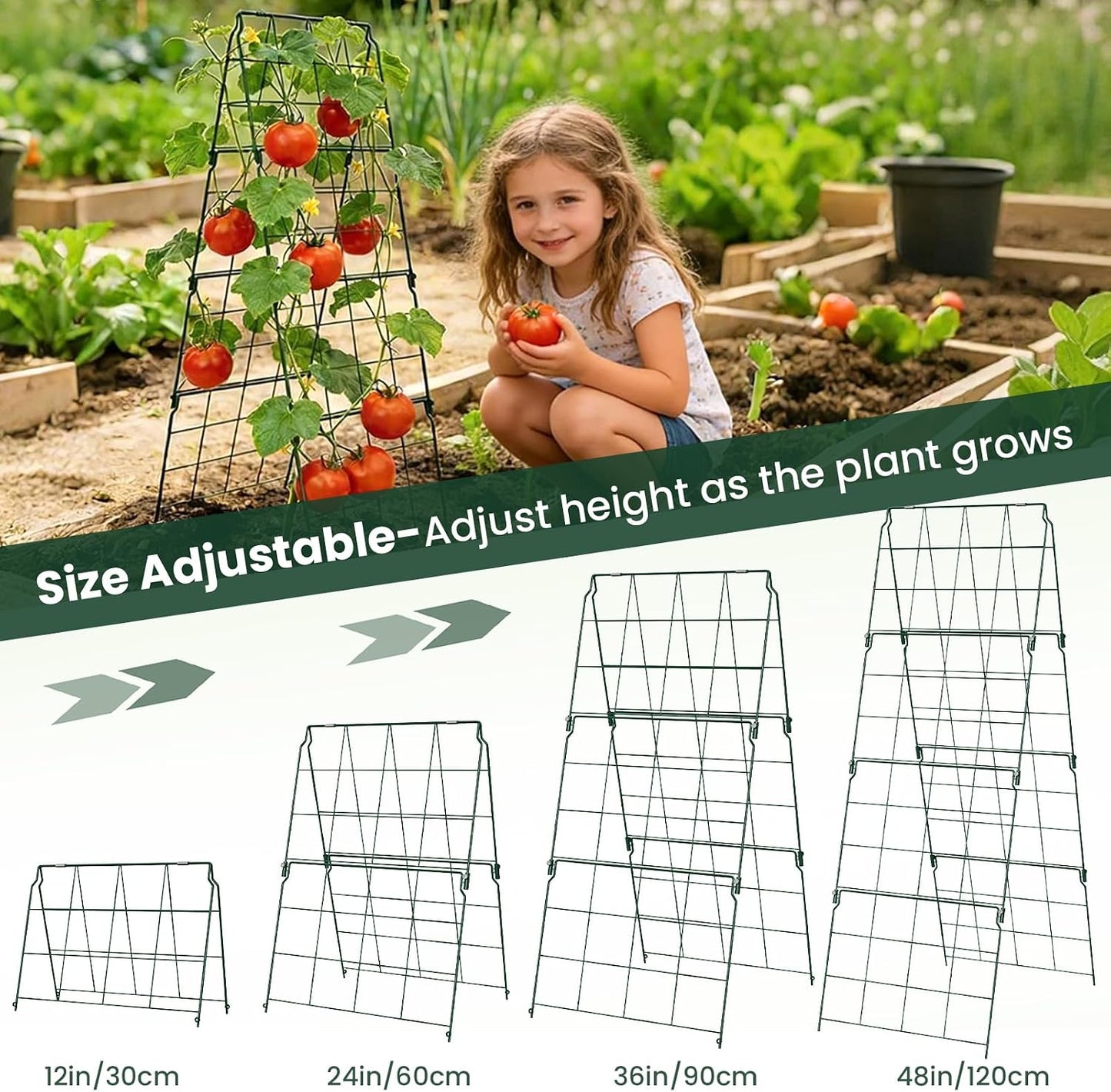 2 Pack Cucumber Trellis, 48"x16" Adjustable A-Frame Trellis for Climbing Plants, Metal Foldable Upgraded Vegetable Trellis for Raised Bed, Support for Tomatoes, Squash, Zucchini, Vegetables & Flowers