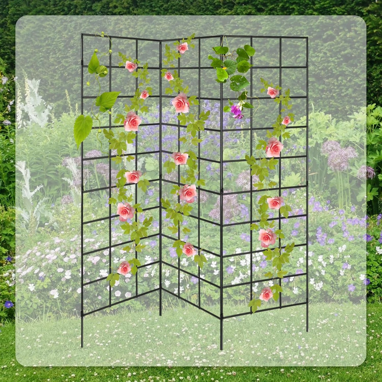 3 Panel Folding Garden Trellis for Climbing Plants, 52.6" W x 58" H Sturdy Metal Frame Cucumber Metal Trellis Garden Plants Support for Outdoor Pea Grape and Other Climbing Vegetable