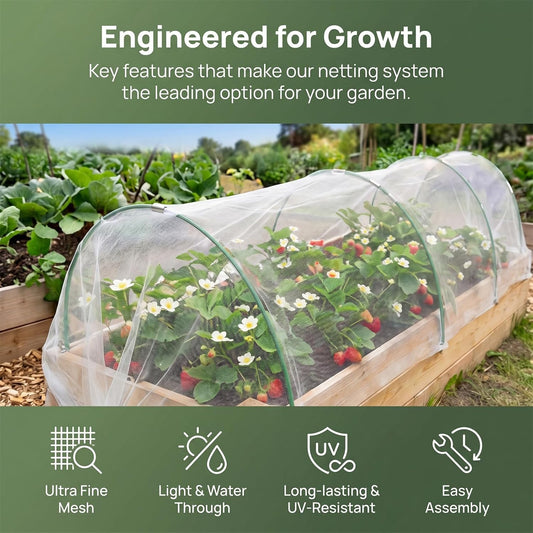 Garden Netting Kit for Raised Beds, 10x30FT Ultra Fine Mesh Netting & 5 Sets Garden Hoops with 18 Clips, Greenhouse Row Cover Net for Vegetable Fruits Flowers Barrier