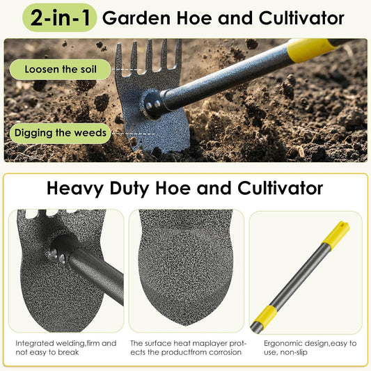 Garden Hoe, 2-in-1 Weed Puller Tool with Adjustable Length 31In-46In, Carbon Steel Heavy Duty Weeding Tool for Gardening, Cultivating, and Weed Pulling, Sharp Blade
