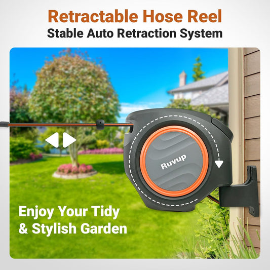 Retractable Garden Hose Reel, 1/2” x 110ft+6.5ft Automatic Water Hoses Reels for Outside with 10 Pattern Nozzle, UV Resistant Wall Mount Slow Retraction Any Length Lock 180° Swivel Bracket