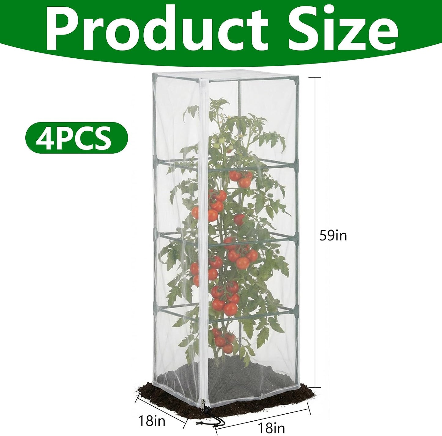 2 Pcs Garden Bird Netting for Square Plant Cage, 59" x 18" x 18" Tomato Cage Garden Net Cover with Zipper, Tomato Trellis Insect Bird Barrier Protection Mesh for Vertical Climbing Plants Vegetables
