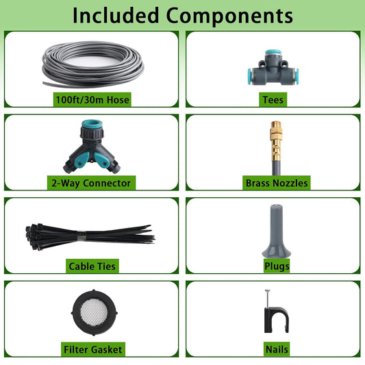 100FT 1/4" Quick-Connect Drip Irrigation System Kit, Automatic Garden Watering System with 16 Pcs Adjustable Spray Nozzles for Garden, Greenhouse, Yard, Lawn