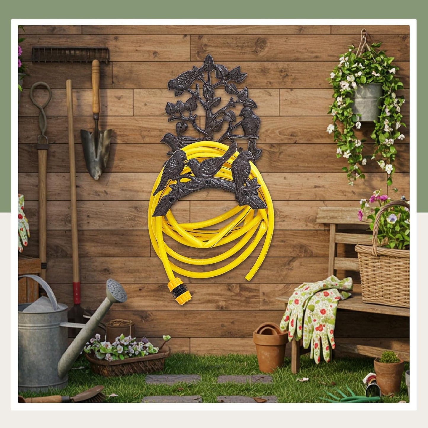 Garden Hose Holder Cast Iron Heavy Duty Wall Mounted Water Hose Holder Reel Decorative Three Pipe Rack Reel Outdoor Storage Hook for 20FT-50FT Pipe for Garden, Yard, Patio(6.9 x 4.9 x 9.5 Inches)