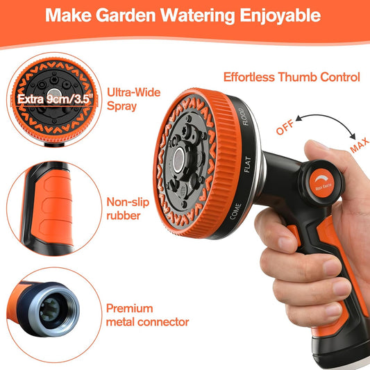 Garden Hose Nozzle, Heavy Duty Metal Water Hose Sprayer, 3.5" Ultra-Wide Sprayer, 8 Patterns, Thumb Control High Pressure Water Nozzle for Watering, Cleaning, Car, Pet, Orange