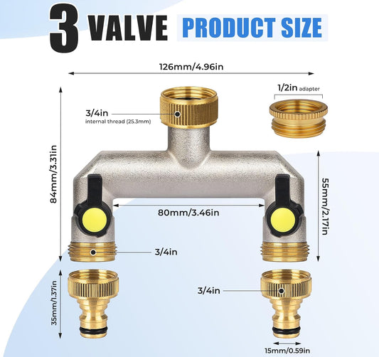 2 Way Heavy Duty Faucet Splitter, Two Way Hose Splitter Brass Tee Valve with Handle 3/4" Garden Hose Connector Dual Outlet, Spigot Splitter 2 Way for Home, Yard, Washing Machine, Garden Hoses