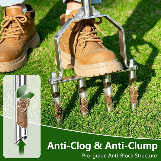 Stainless Steel Aerator Lawn Tool, Manual Core Aerator with 4 Hollow Tines