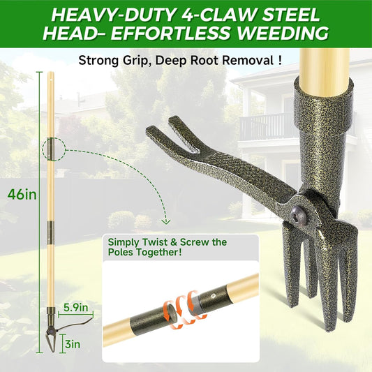 Stand Up Weed Puller Tool, 4-Claw Steel Head Deep Root Extractor with Dual-Eject Design, Real Bamboo Long Handle & Metal Anti-Slip Pedal, No Bending Dandelion Remover for Garden (Light Brown)