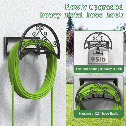 Garden Hose Holder, Heavy Duty Water Hose Holder Wall Mount Holds 125-ft Water Pipe, Decorative Detachable Metal Hose Hanger Storage Organizer Reel Rack for Outside Lawn Yard Farm, Black