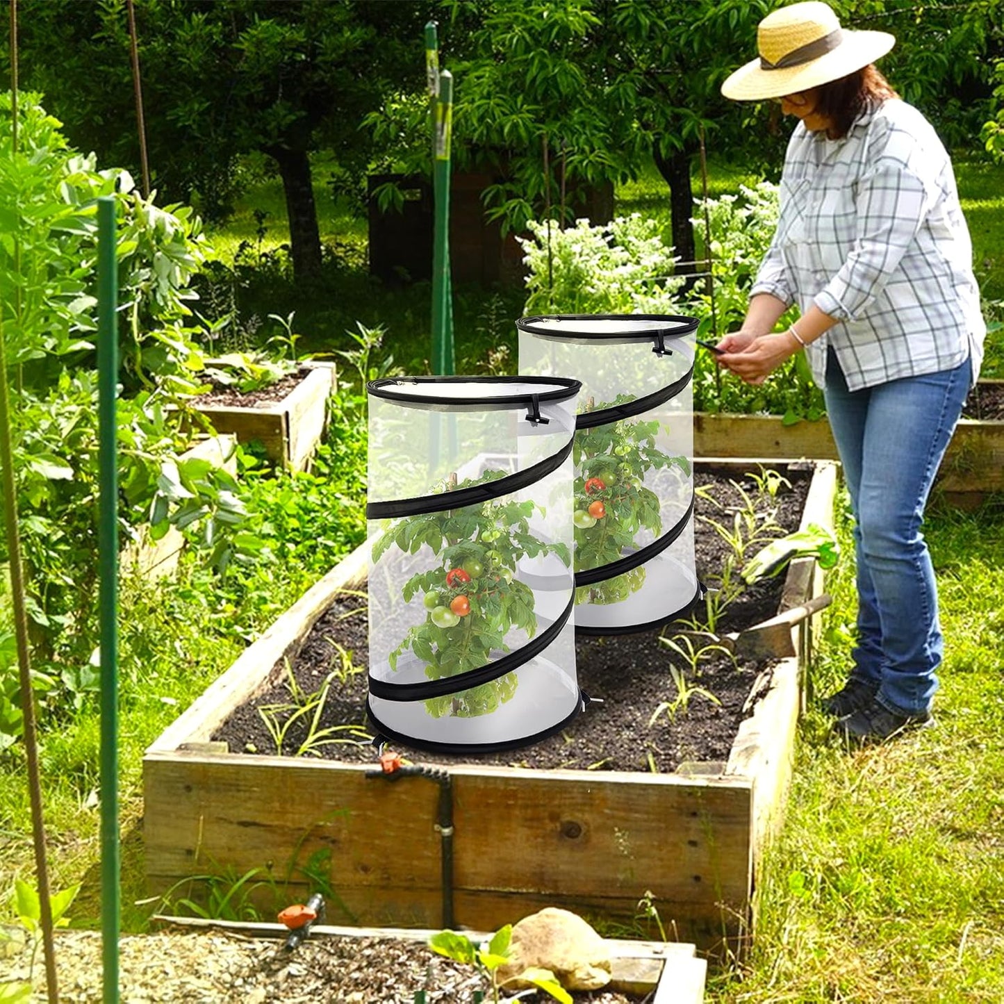 4 Pcs Pop Up Insect Barrier Plant Cover Net, 19.6" x 11.8" Round Foldable Plant Protectors Mesh Plant Enclosure, Garden Net Cage Guard Cover with Stakes & Carry Bag for Protect Plants from Bird Insect