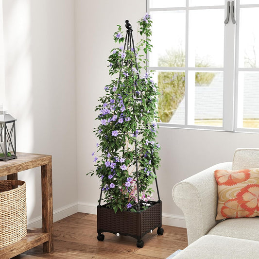 71" Garden Trellis for Climbing Plants, Self-Watering Raised Garden Bed w/Obelisk Trellis, Lockable Wheels, Adjustable Height, Indoor Outdoor Vertical Planter Box for Flower, Vine (1)