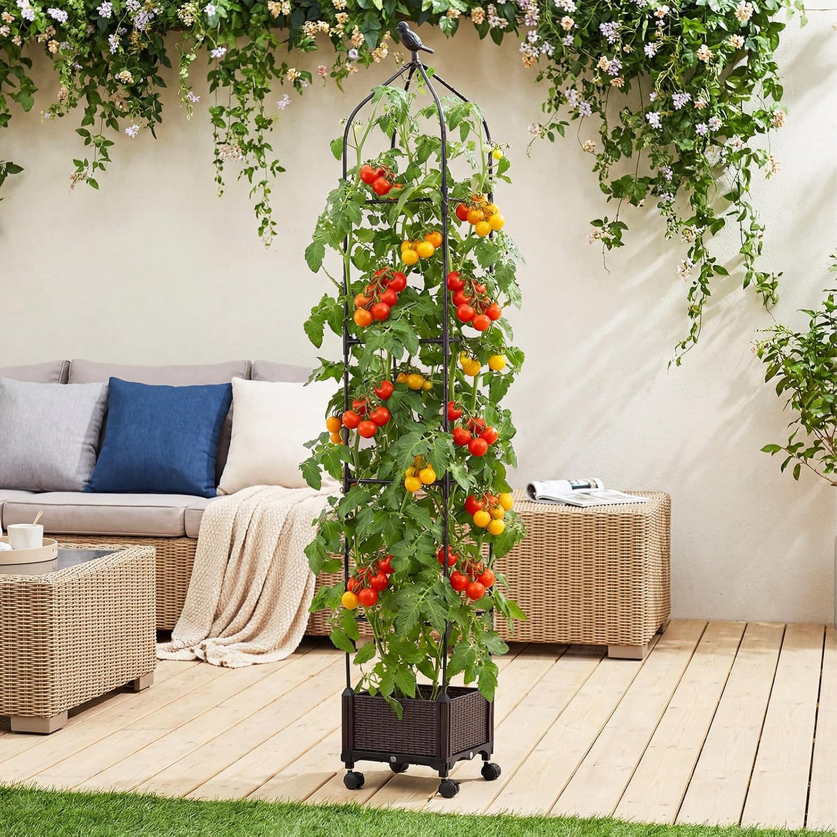 71" Garden Trellis for Climbing Plants, Self-Watering Raised Garden Bed w/Obelisk Trellis, Lockable Wheels, Adjustable Height, Indoor Outdoor Vertical Planter Box for Flower, Vine (1)