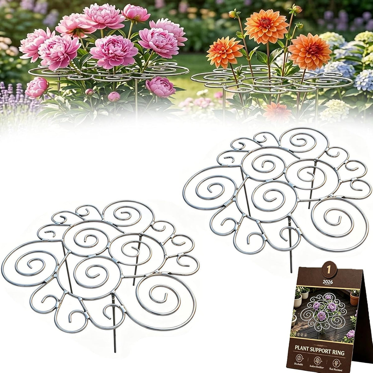 Peony Cages and Supports 2 Pack, Decorative Grow Through Plant Support Hoops, Heavy Duty Metal Peony Plant Support Rings for Garden Outdoor Plants & Dahlia (2PC, s)