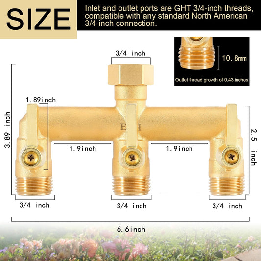 Brass Garden Hose Splitter, 3 Way High Flow Outdoor Faucet Splitter,Full Flow 3-Way Brass Heavy Duty Hose Splitter With 3 Long Metal Handle and Individual On/Off Valve。
