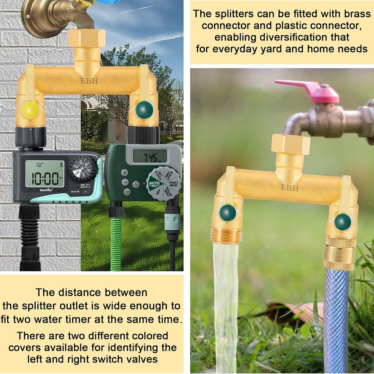 Brass Garden Hose Splitter, 3 Way High Flow Outdoor Faucet Splitter,Full Flow 3-Way Brass Heavy Duty Hose Splitter With 3 Long Metal Handle and Individual On/Off Valve。