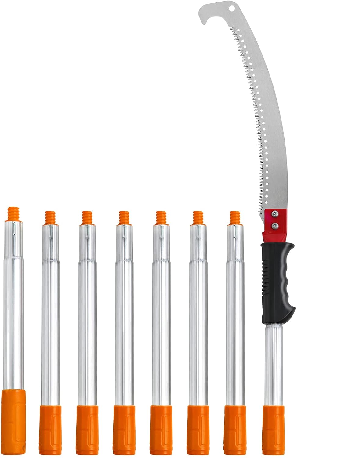Manual Pole Saw, 7.3-27 ft Extendable Tree Pruner, Sharp Steel Blade and Scissors High Branches Trimming, Branch Trimmer with Lightweight 8 Fiberglass Handles, for Pruning Palms and Shrubs