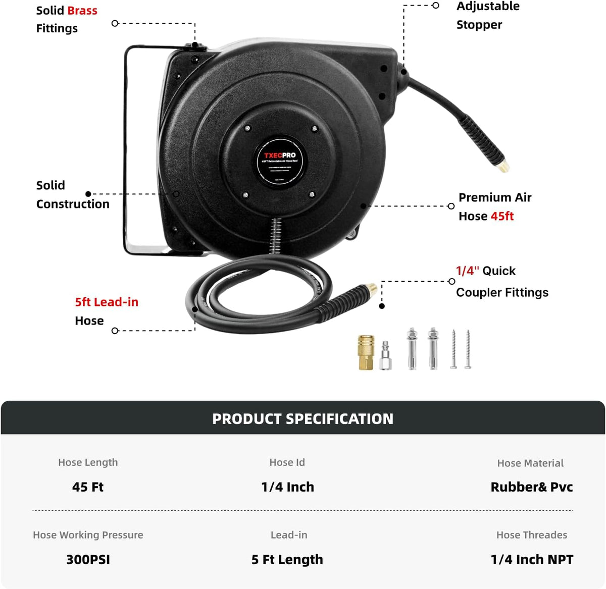 Retractable Air Hose Reel, 1/4 IN x 45 FT Hybrid Air Hose Max 300 PSI, Air compressor hose reel with 5 ft Lead in, Ceiling/Wall Mounted air hose reel,Heavy Duty air tool