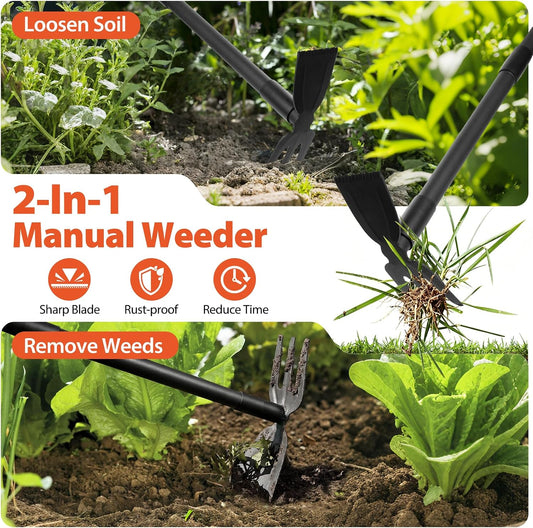 Weed Puller Tool with Long Handle, 2-in-1 Hand Weed Rake and Garden Hoe, 45.5" Manual Weeder Weeding Pull Tool for Lawn, Yard, Patio and Garden