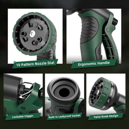 Garden Water Hose Nozzle, Water Spray Nozzle with 10 Spray Modes Suitable for Watering Plants, Iawns and Gardens, Car Washing, Cleaning, Showering Pets and Outdoor Fun, Green