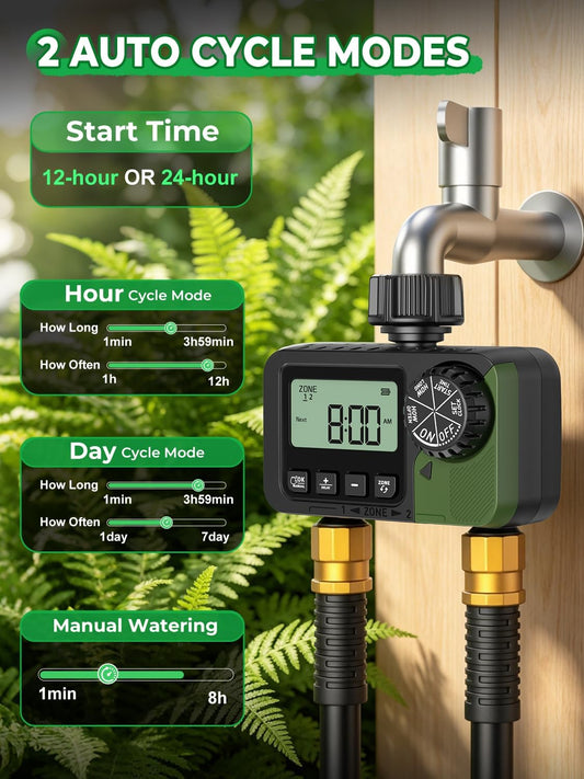Sprinkler Timer 2 Outlets, Programmable Water Hose Timer with Rain Delay/Manual/Automatic Watering System, Outdoor Digital Auto Irrigation for Garden Yard Lawn with Large Display(Black+Olive Green)