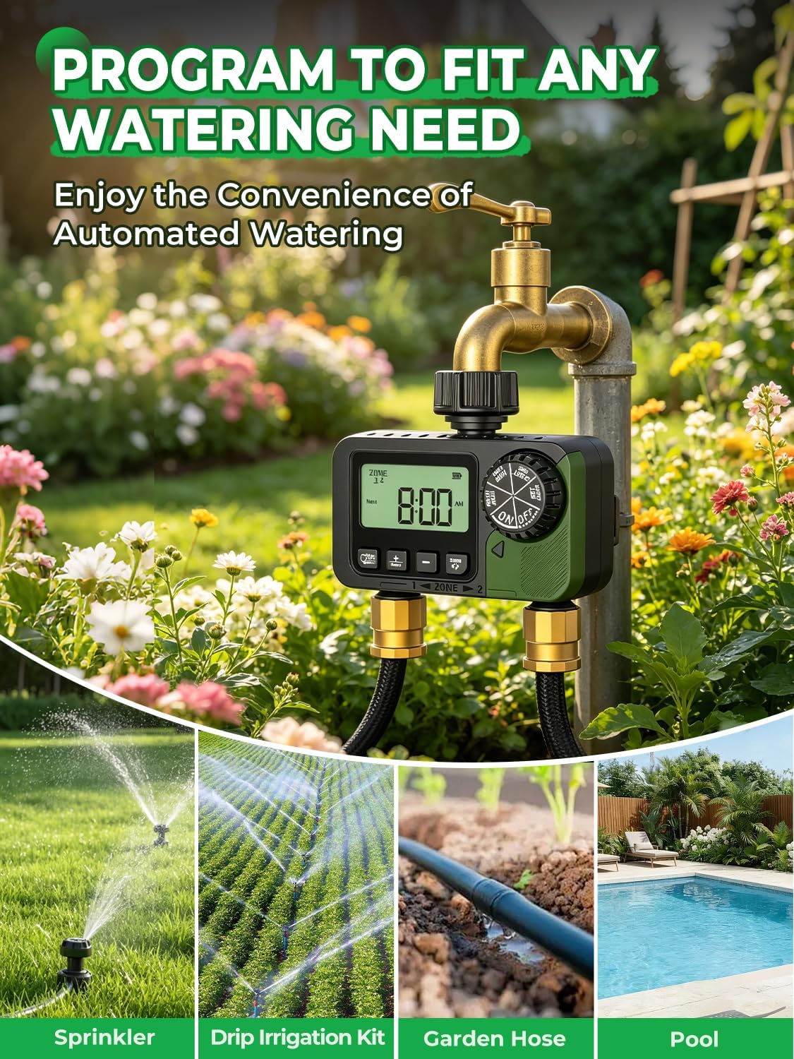 Sprinkler Timer 2 Outlets, Programmable Water Hose Timer with Rain Delay/Manual/Automatic Watering System, Outdoor Digital Auto Irrigation for Garden Yard Lawn with Large Display(Black+Olive Green)