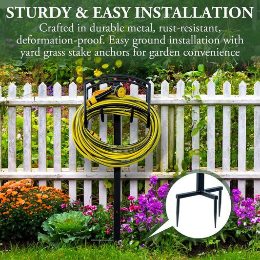 MyGift Garden Hose Holder, Modern Industrial Matte Black Metal Garden Hose Holder Freestanding Rack with Yard Grass Stake Anchors in Ground