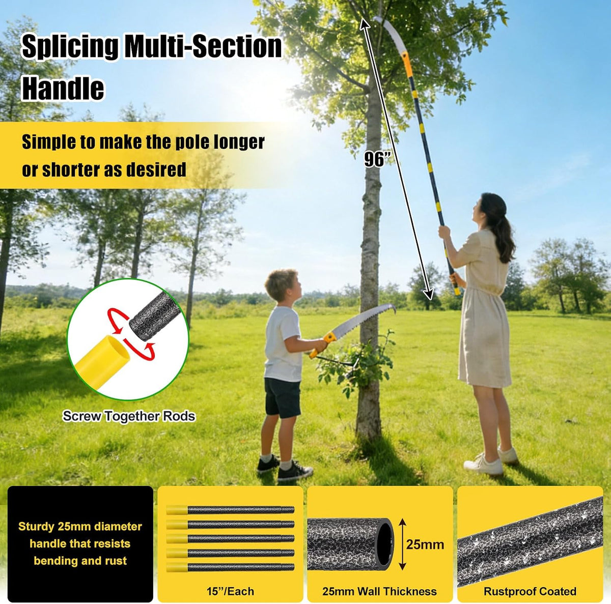 Pole Saw for Tree Trimming, 8FT Lightweight 2 in 1 Manual Hand Saws Tree Trimmer Pole Saw, Sharp Steel Blade, Adjustable Branch Cutter Pruner for Yard Walkway Oak Palm Fruit Pine and Fir Limbs Cutting
