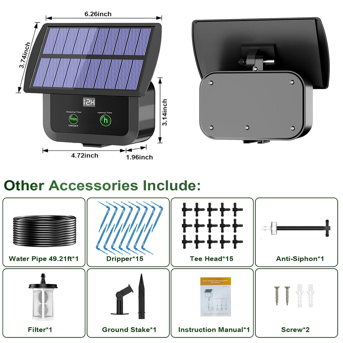 LCD Display Solar Drip Irrigation System Kit, 30 Working Modes & 10 Watering Interval Solar Powered Drip Irrigation Kit Supports 15 Potted Plants, 2200mAh Automatic Watering System for Garden