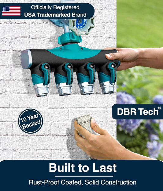 ® 4 Way Hose Splitter (Superior Durability), Premium Garden Hoses Connector, 4 Way Heavy Duty Water Valve for Spigot Faucet Bib, Four Outlet with On Off Valve, Rust-Resistant Adapter, Green