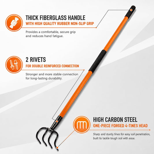 VNIMTI Cultivator for Gardening, 4 Tines Garden Cultivator with Fiberglass Handle, 58 Inches