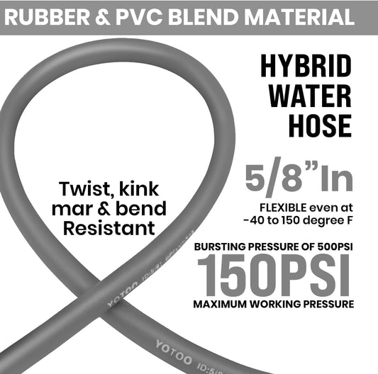 Heavy Duty Hybrid Garden Lead in Water Hose 5/8-Inch by 5-Feet 150 PSI, Kink Resistant, All-Weather Flexible with Swivel Grip Handle and 3/4" GHT Solid Brass Fittings, Gray