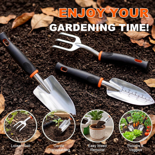 3-in-1 Garden Tool Set, Heavy Duty Gardening Hand Tools with Hand Trowel, Transplant Trowel & Hand Rake, Aluminum Alloy Garden Kit with Ergonomic Non-Slip Handle for Digging Planting Weeding