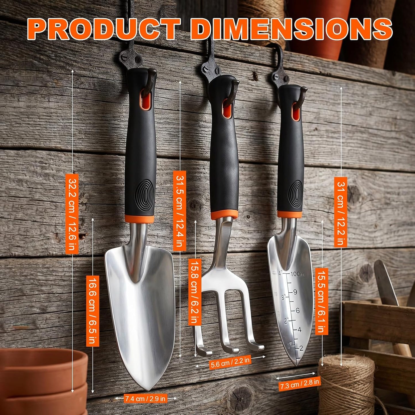 3-in-1 Garden Tool Set, Heavy Duty Gardening Hand Tools with Hand Trowel, Transplant Trowel & Hand Rake, Aluminum Alloy Garden Kit with Ergonomic Non-Slip Handle for Digging Planting Weeding