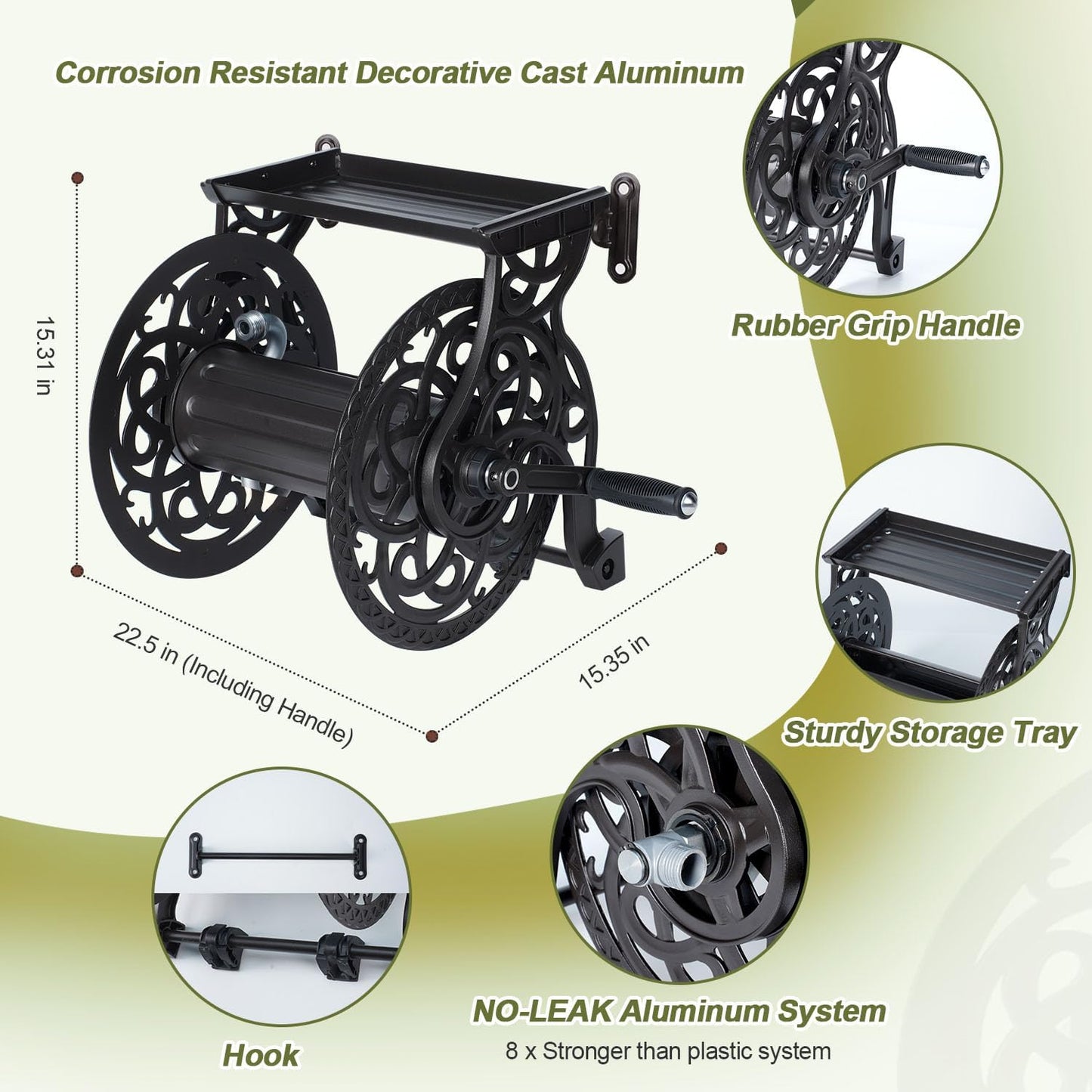 Metal Wall Mount Garden Hose Reel for Outside, Holds 125 ft x 5/8'' Hose Storage, Decorative Heavy Duty Water Hose Holder Aluminum Frame, No-Leak Aluminum Water System, Easy Assmbly, Dark Bronze