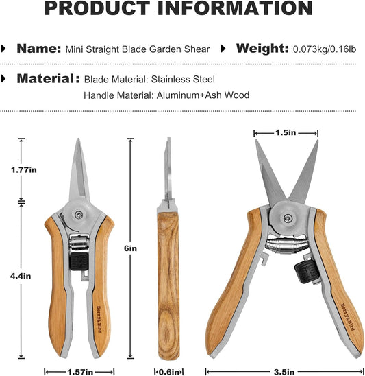 Mini Pruning Shears for Gardening Straight Blades Hand Pruners with Wooden Handle Garden Scissors Snips Stainless Steel Trimming Small Clippers Bonsai Compact Size Shearing Tool