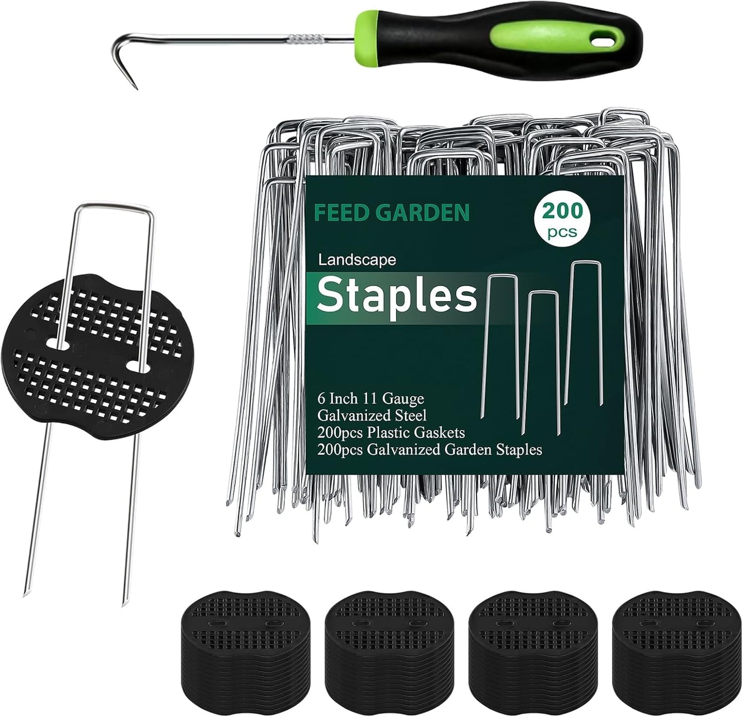 Landscape Staples 6 Inch 50 Pack Kit, Heavy Duty 11 Gauge Hot-Dip Galvanized Garden Stakes with 50 Gaskets & 1 Pick Hook for Weed Barrier, Landscape Fabric, Sod, Turf & Garden Edging
